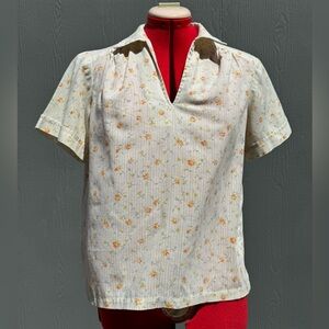 Vintage 60s Floral Handmade Collared Short Sleeve Shirt Size SM